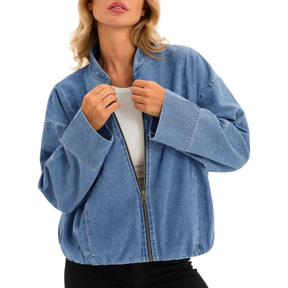 Womens Lightweight Denim Jacket Zip Up Casual Fall Outerwear